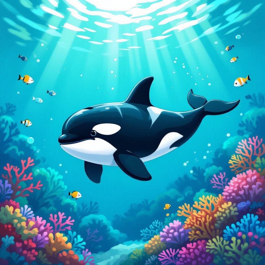 Whimsical Orca in Bioluminescent Coral Reef