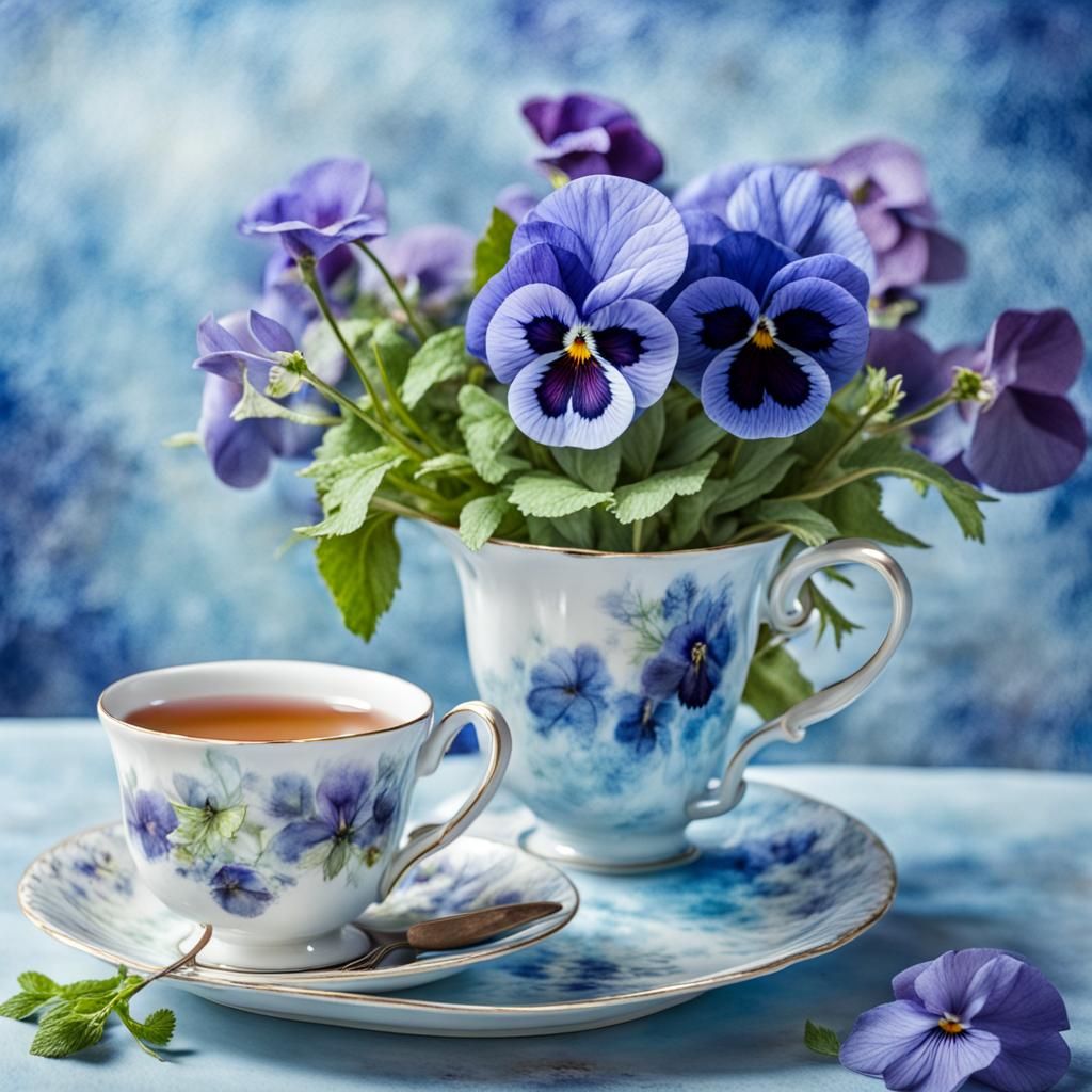 Blue Pansies Teacup Still Life in Watercolor