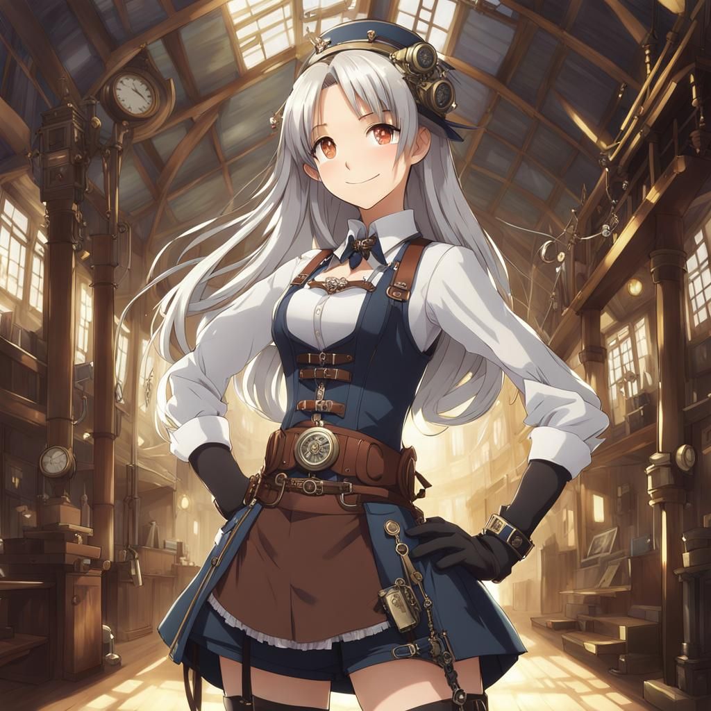 Steampunk Girl with Silver Hair Anime Style