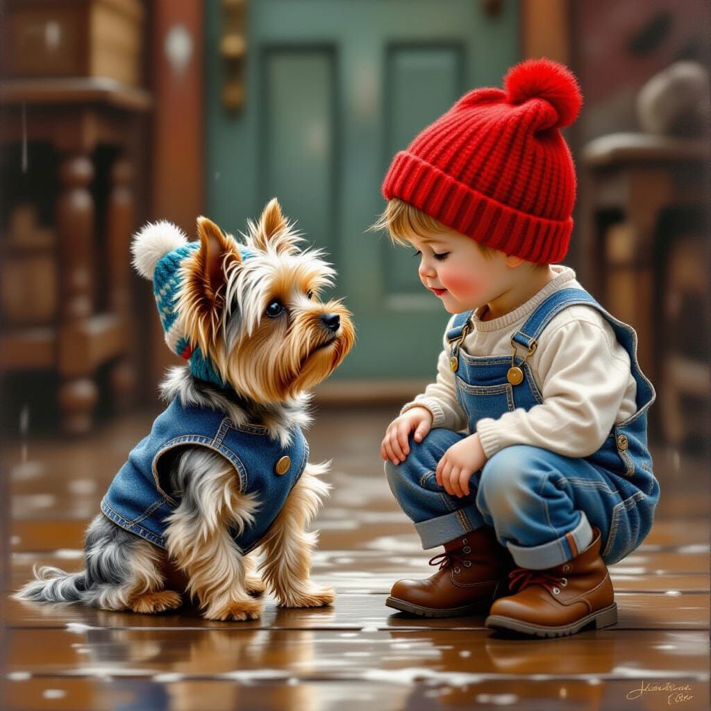Boy and Yorkshire Terrier Share Loving Look in Detailed Pain...