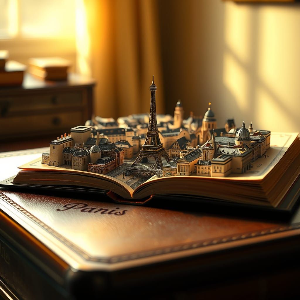 Parisian Miniature Cityscape Unfolds within a Vintage Book