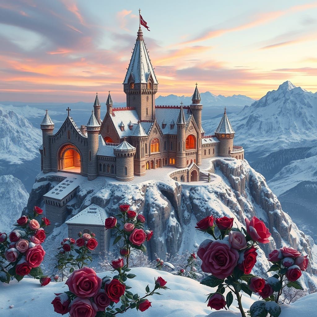 A majestic, snow-covered castle perched atop a mountain, wit...