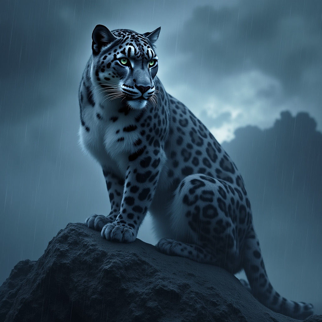 Snow Leopard and Panther Hybrid in Moody Landscape