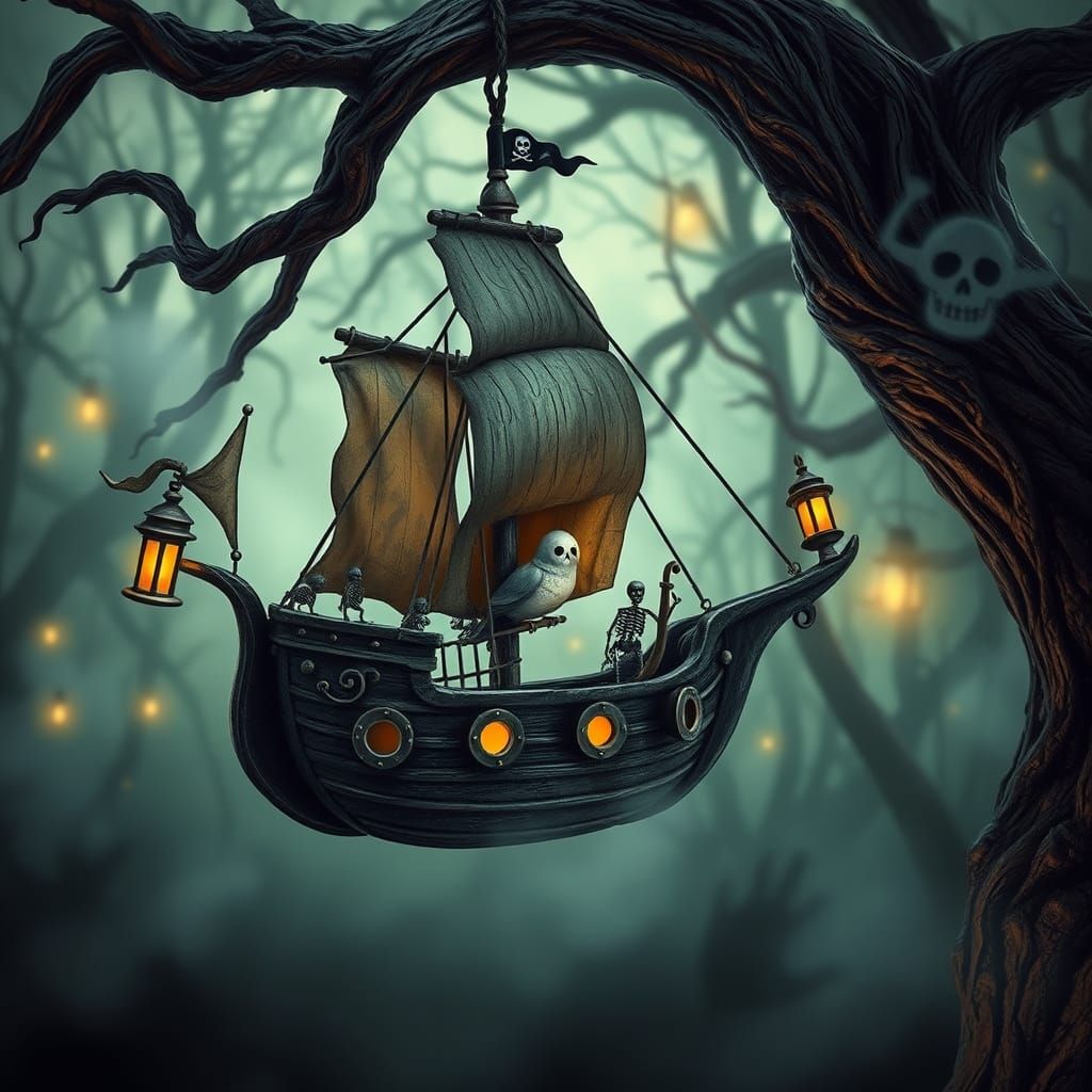 Whimsical Ghost Ship Birdhouse in Dark Fantasy Style