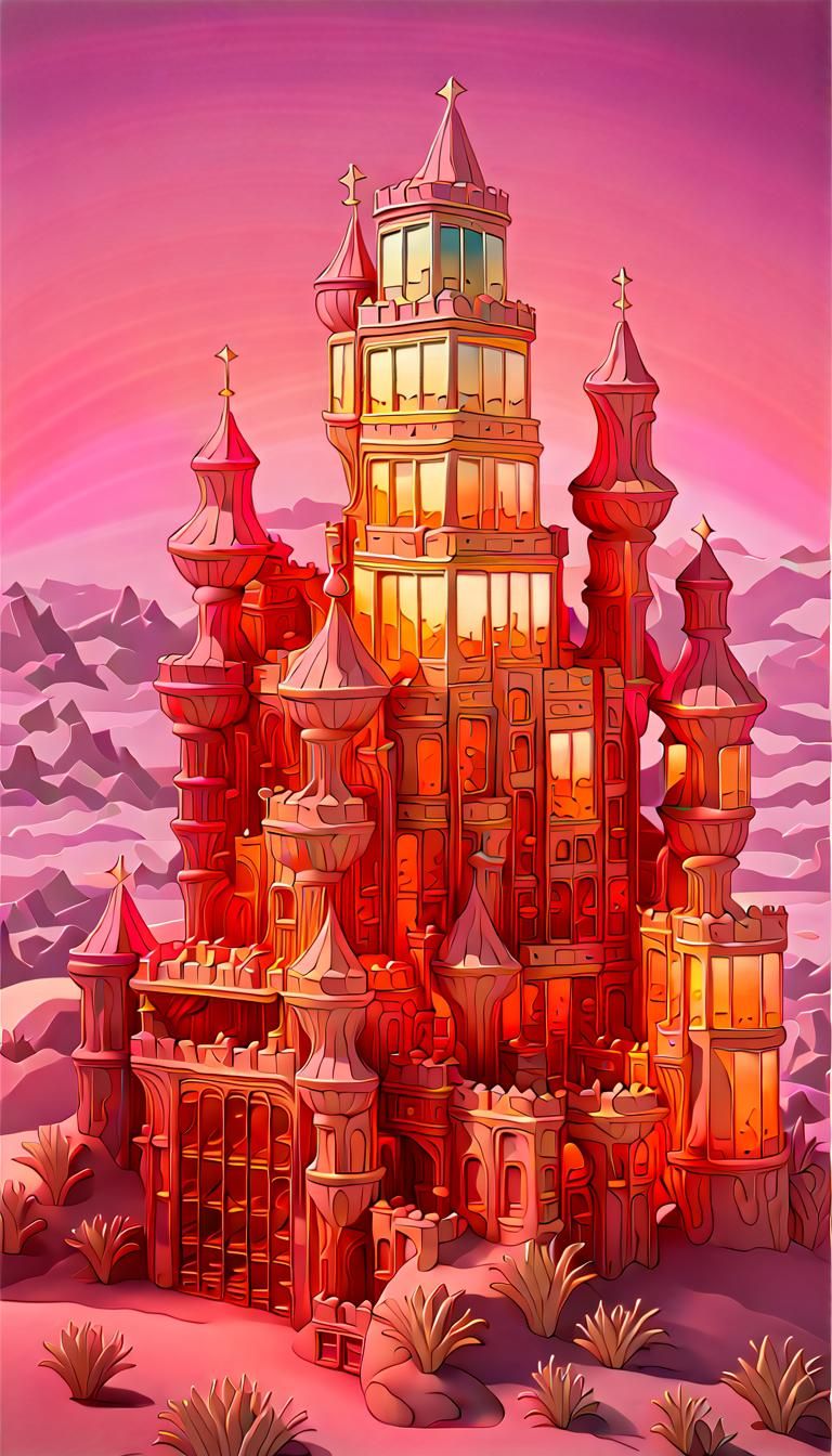 Rainbow Glass Castles in Surreal Desert Landscape