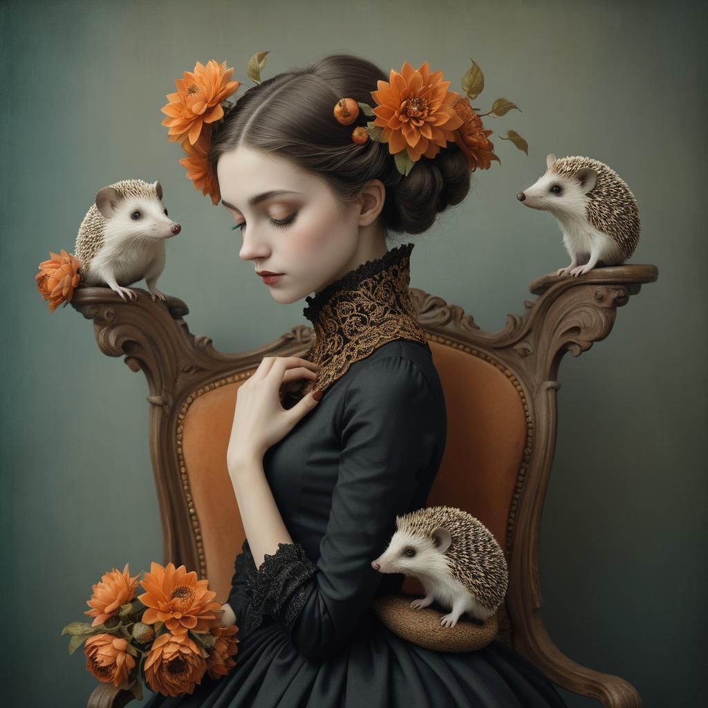 Mouse Masked Woman with Hedgehogs in Gothic Setting