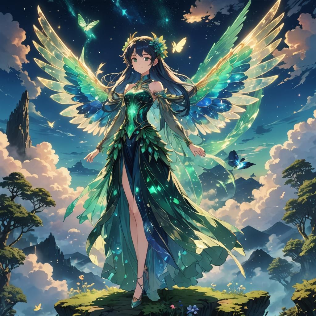 Anime Character with Crystal Wings in Enchanted Forest
