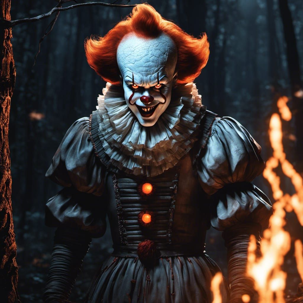 Sinister Pennywise in a Creepy Forest at Night