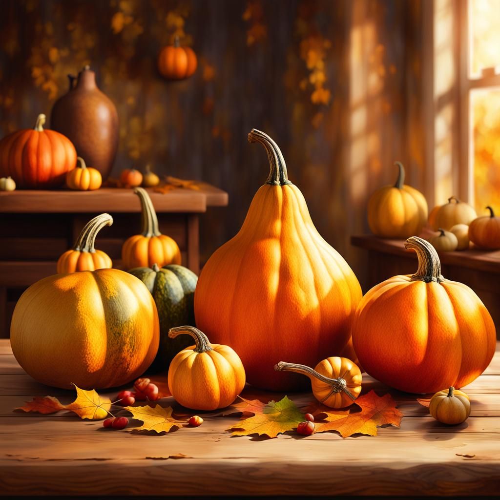 Vibrant Autumn Gourds Still Life as Matte Painting