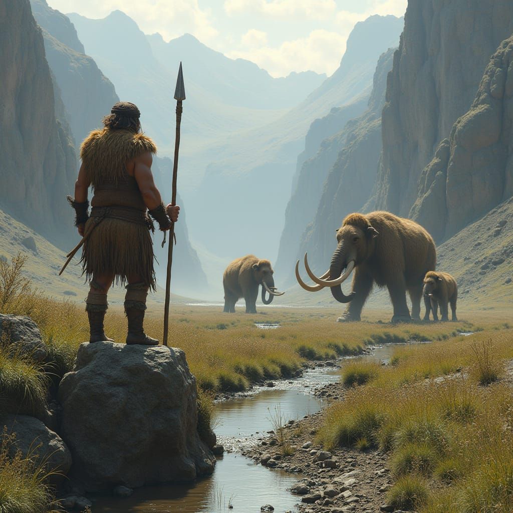 Hunter Observes Mammoths in Barren Landscape