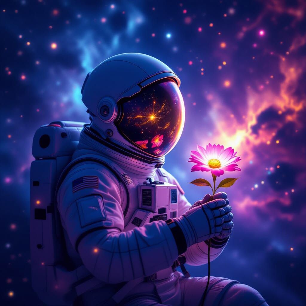 Astronaut Adrift in Cosmic Nebula with Glowing Flower