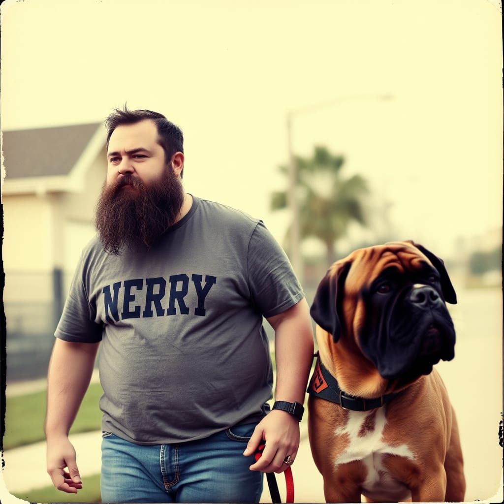 Faded Polaroid of Bearded Man Walking Dog