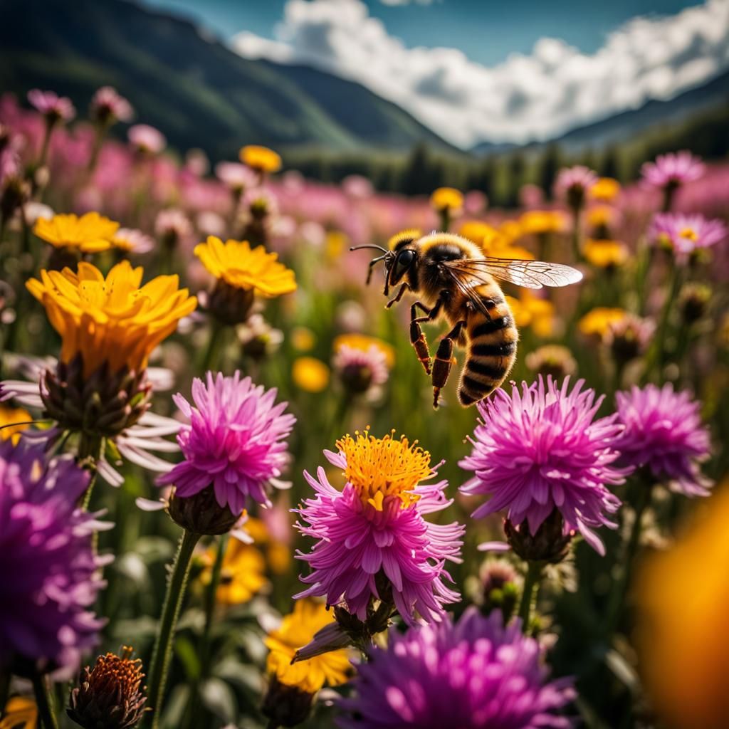 Honey Bee Pollinating in a Colorful Flower Field