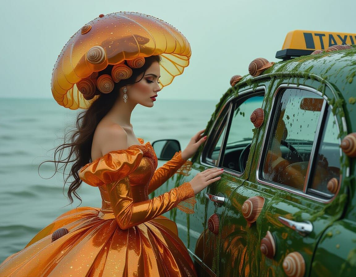 Surreal Woman Enters Seaweed Taxi: Art Nouveau Fusion