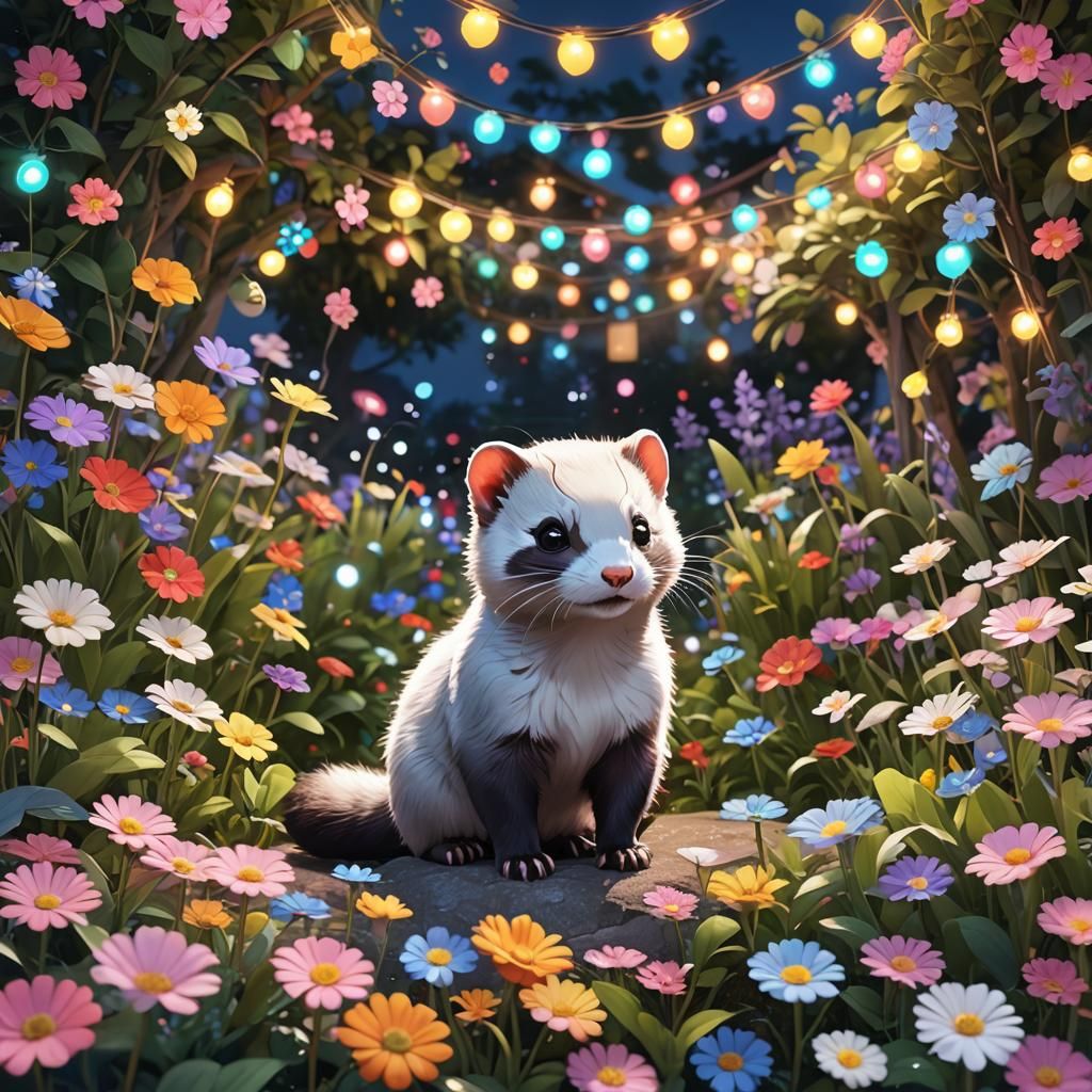Colourful Flower Garden with Ferret in Anime Style