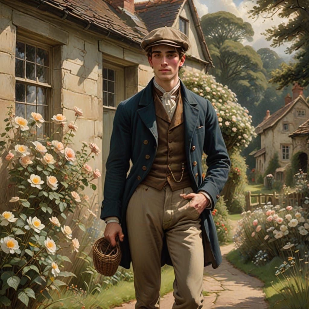 Young Lover's Tender Moment in 19th Century Cottage