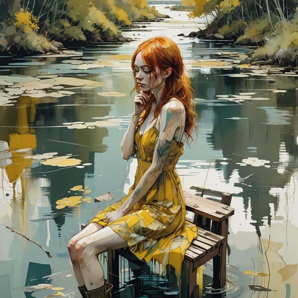 "pretty girl, ginger hair, yellow short dress sitting on the...