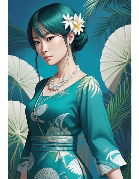 Asian Woman in Vibrant Tropical Dress with Sea Turtle Patter...