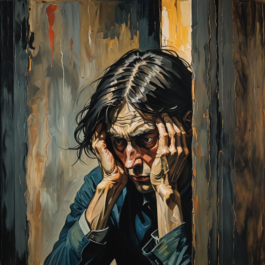 Emotional Surrealism: Person in Dark Room with Head in Hands