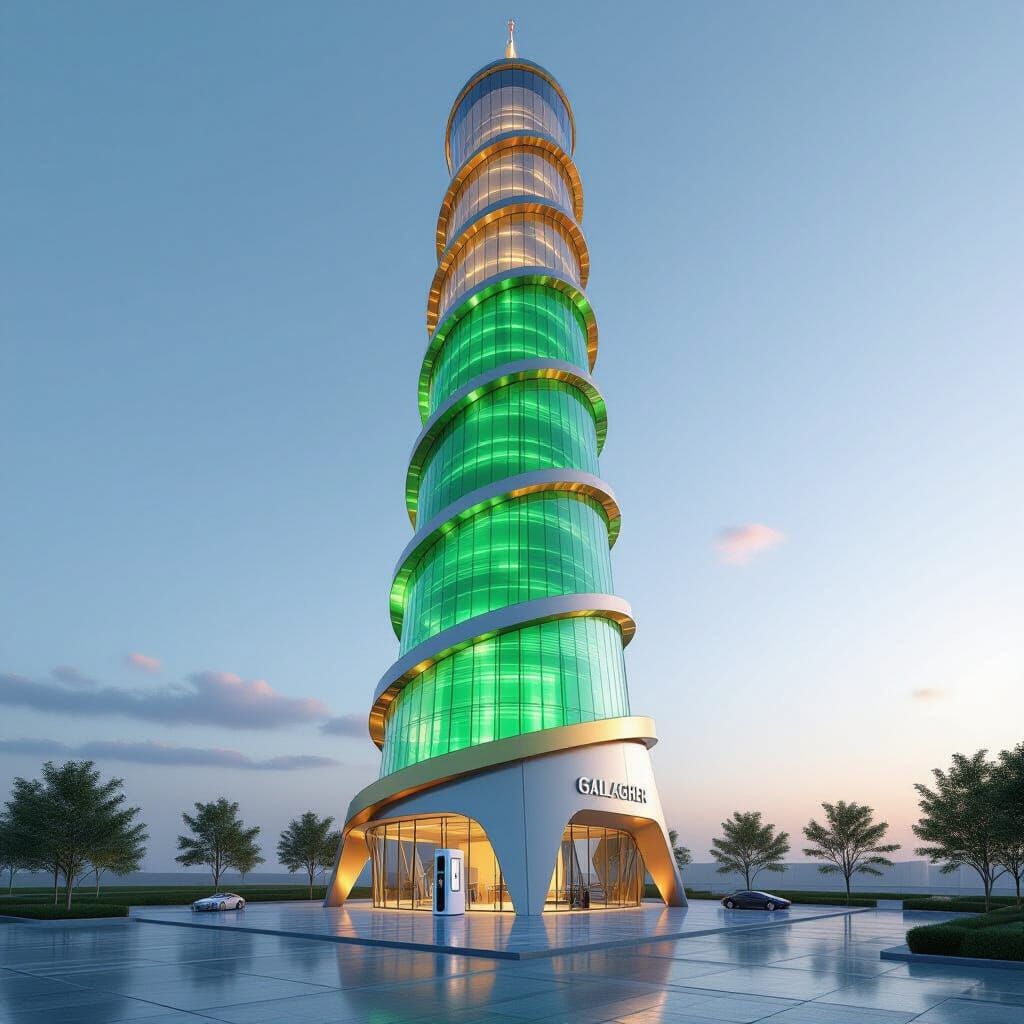 Futuristic Tesla Tower with Green and Gold Lights