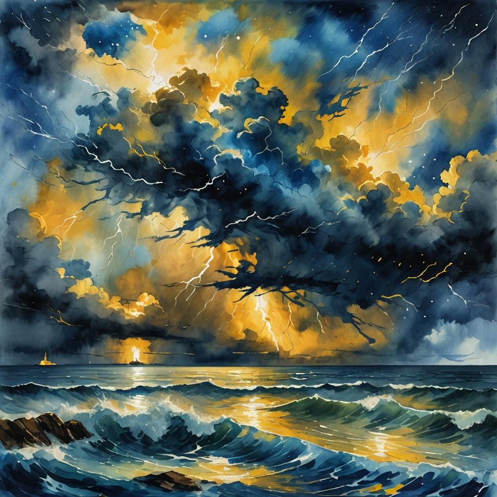 Epic Gouache Storm Over Starry Ocean Landscape