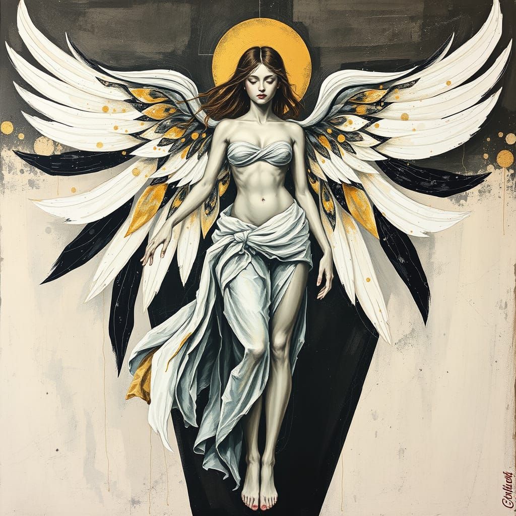 Abstract Celestial Woman in Geometric Wing Patterns