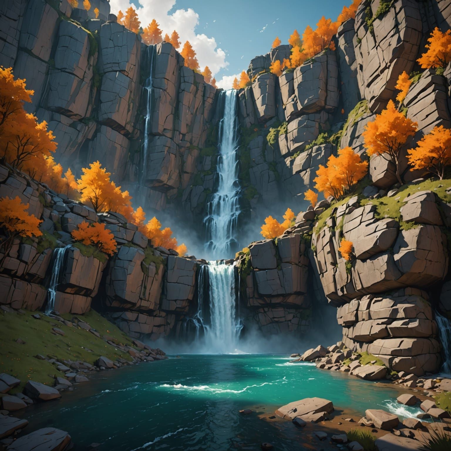 Majestic Waterfall Cascading Down Cliffside Rocks