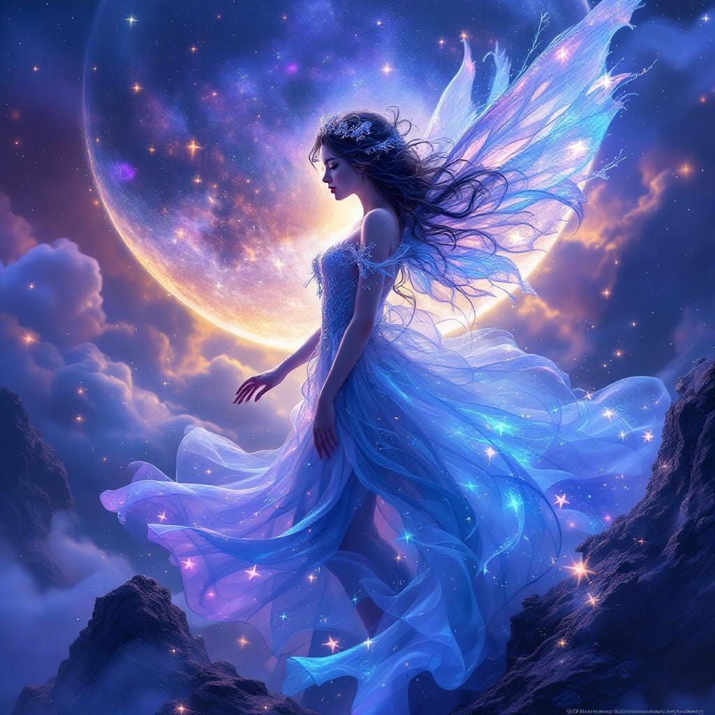 The image is of a beautiful delicate Moon Fairy.  Moon and stars background.