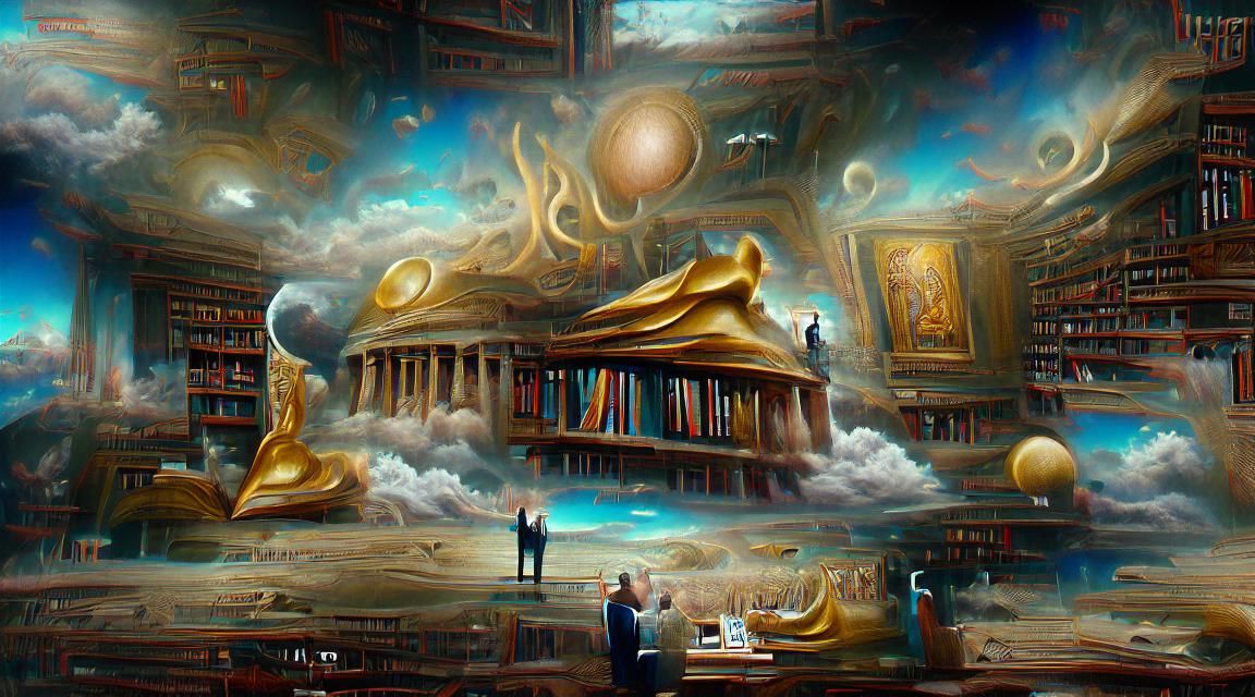 Surreal Library of Olympus in Oil Painting Style