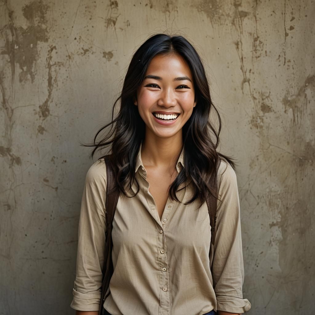 A Young asian women dark hair with tan skin girl laughing and she has smile linest with curious details