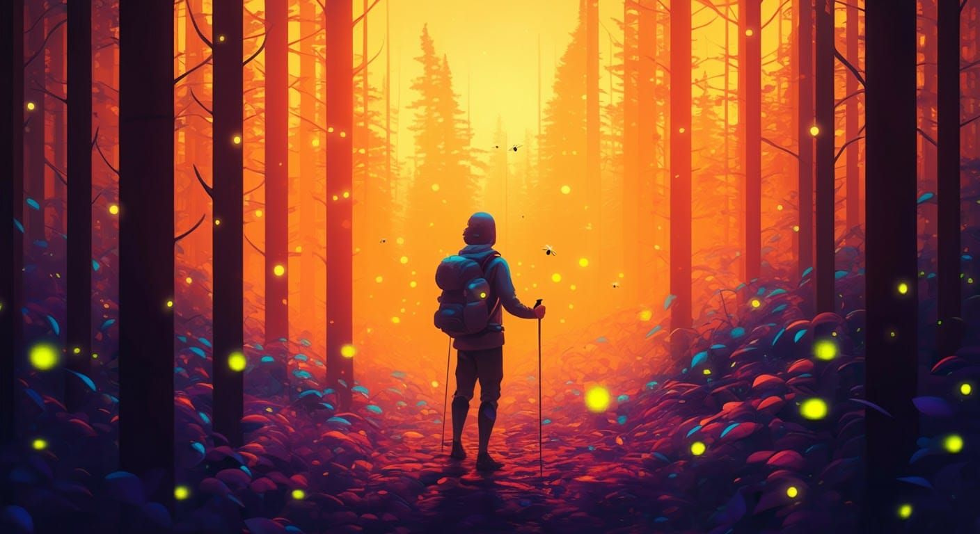 Ethereal Hiker in Glowing Forest at Golden Hour