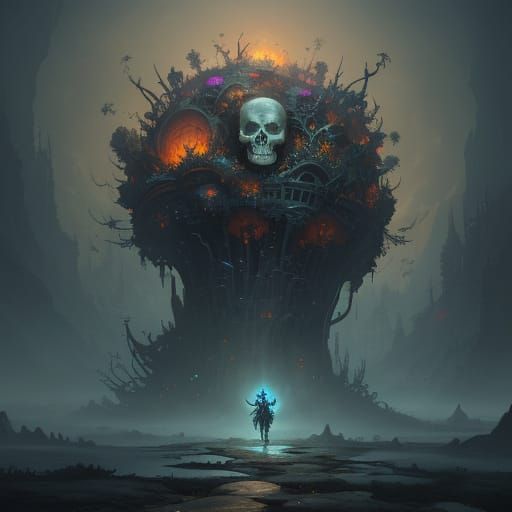 Ethereal Skull in Vibrant Fantasy Landscape