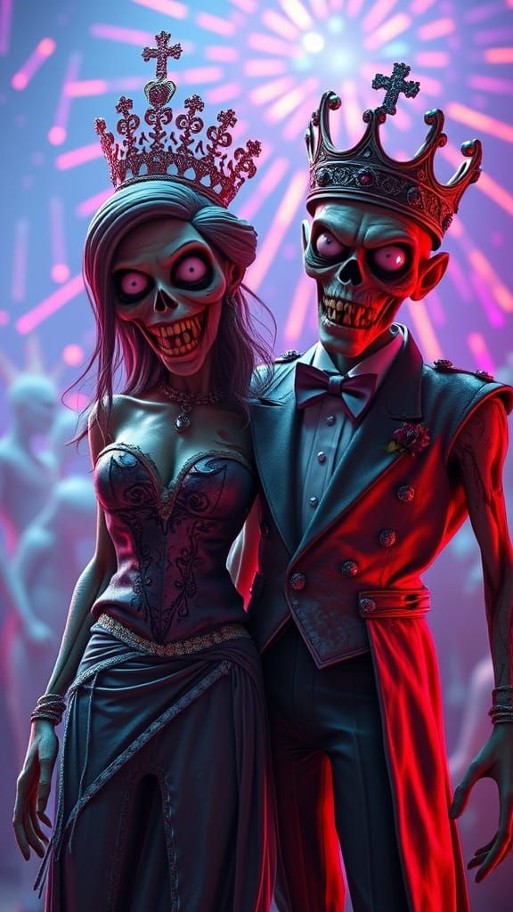 Zombie Prom King & Queen in Chaotic Vibrant Scene