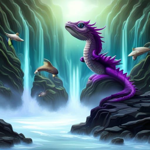 Purple Dragon in Ethereal Waterfall: Fantasy Art
