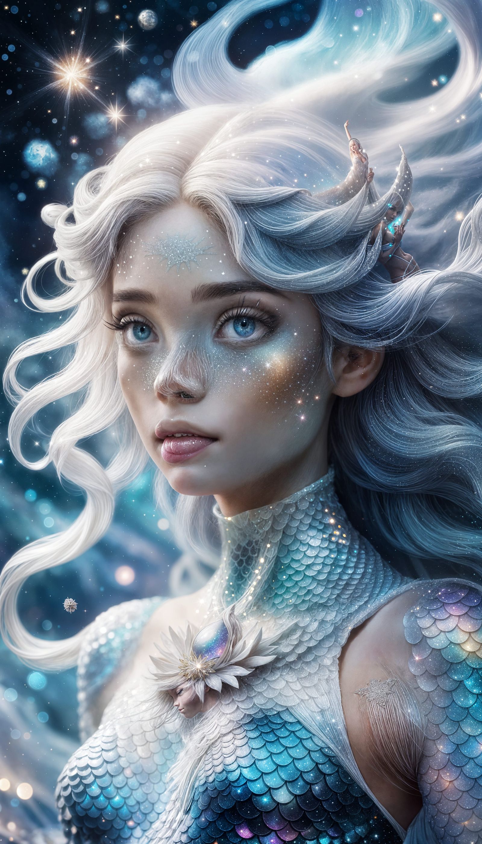 Surreal Mermaid in White Nebula with Punk Hair