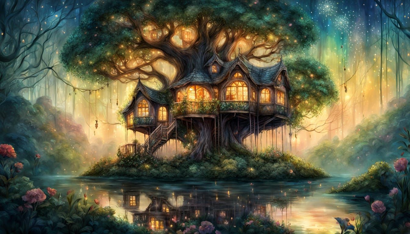 Whimsical Fantasy Treehouse in Watercolor Style