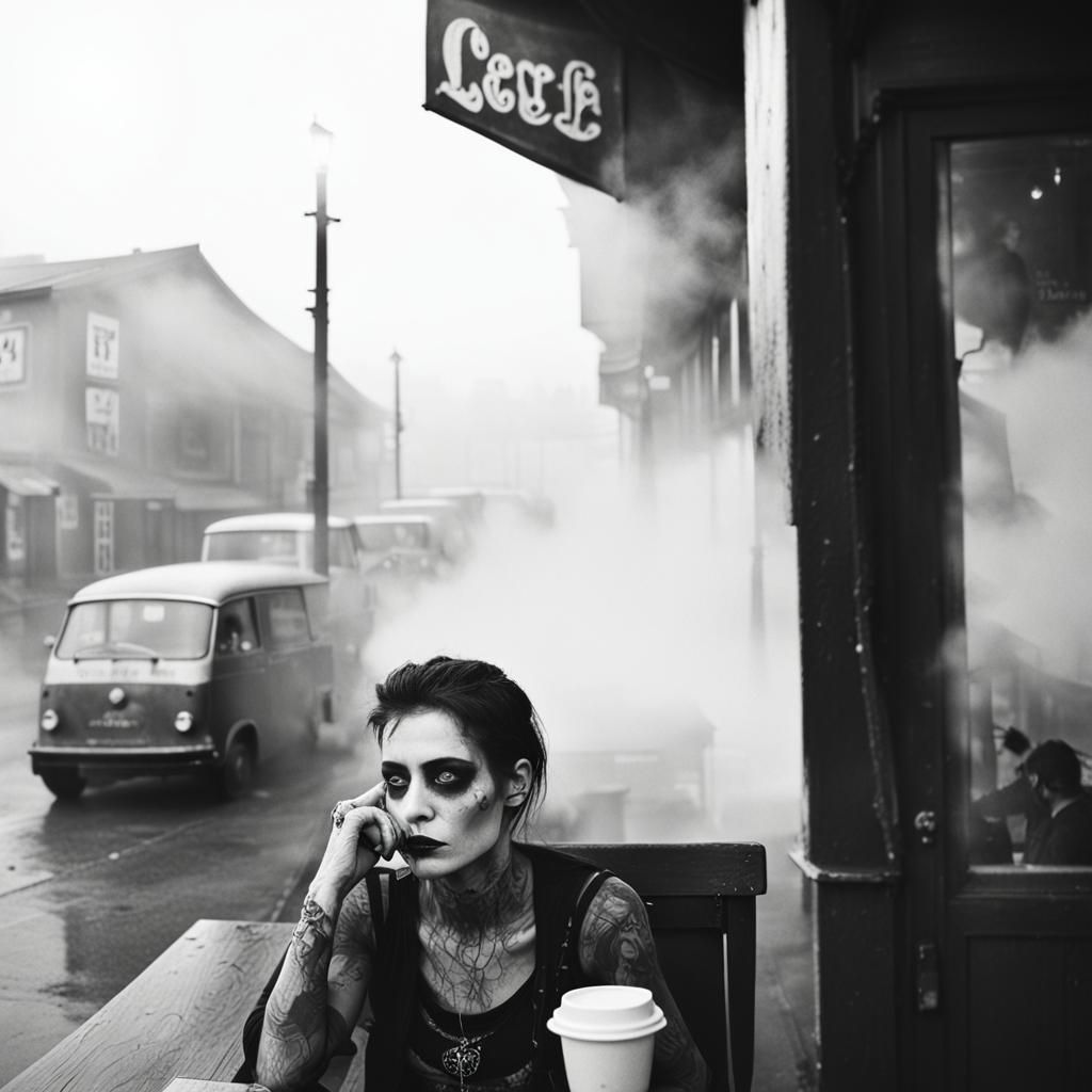 Gothic Fashion Model in Foggy Cafe: Black and White Portrait