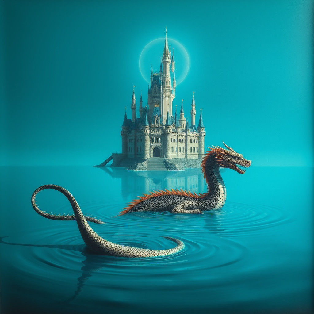 Floating Castle with Dragon Serpent, Surrealist Dreamscape