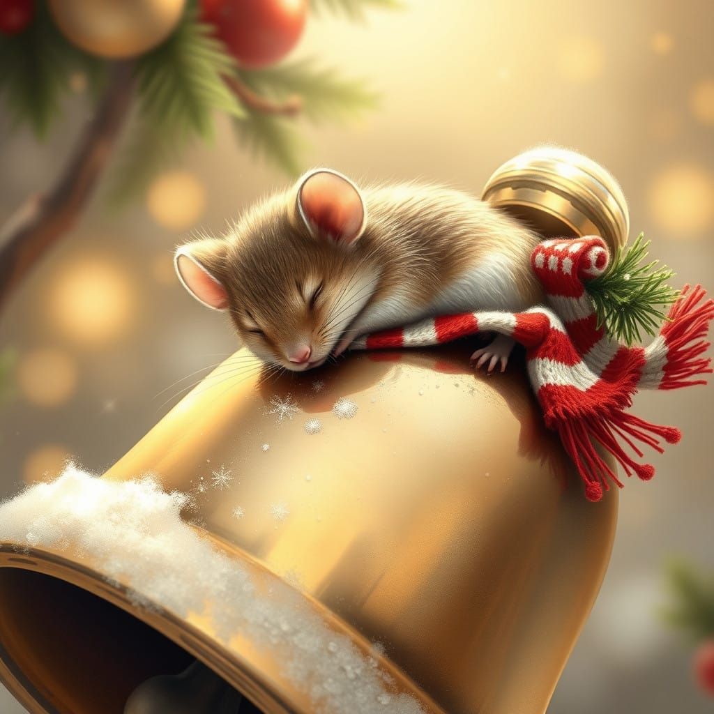 Adorable Mouse Sleeps on Christmas Bell in Whimsical Storybo...