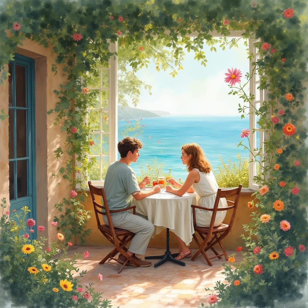 Whimsical Country Cafe Scene in Soft Watercolor