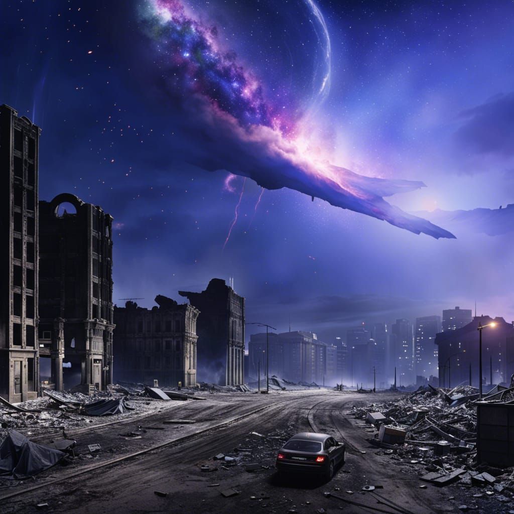 Post-Apocalyptic Metropolis with Galaxy Sky