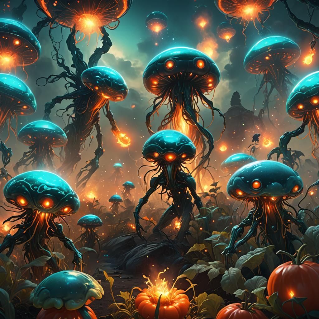 Giant Glowing Aliens Invade Burning Tomato Field