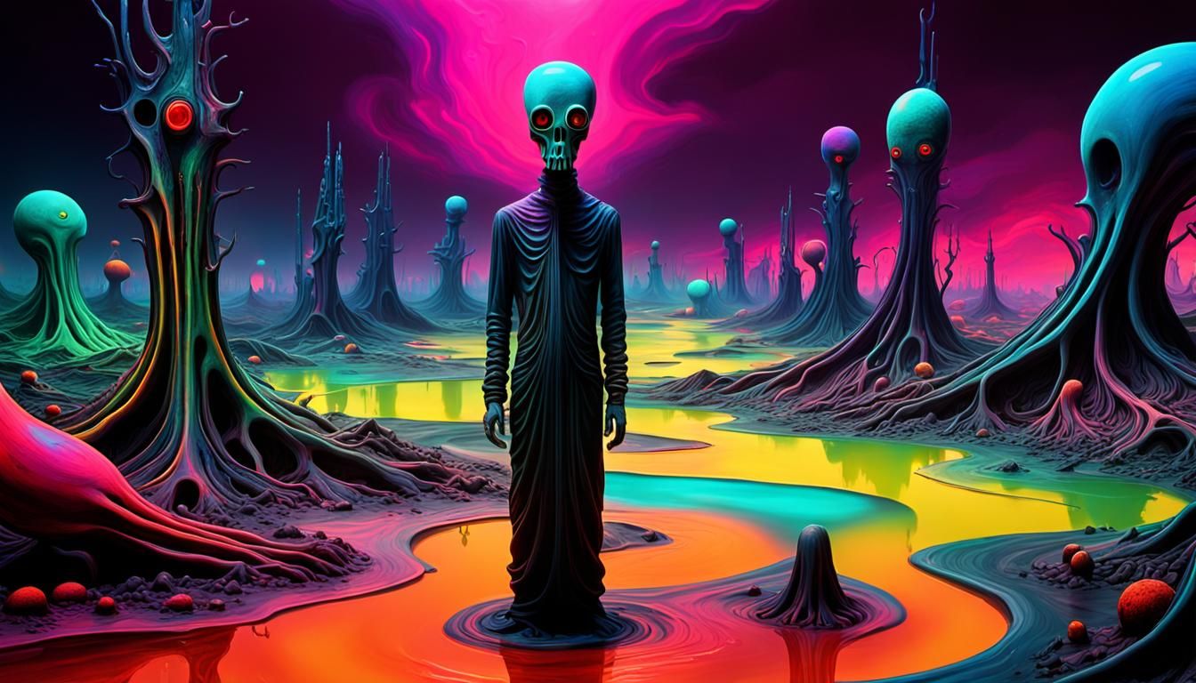 Surreal Distorted Figure in Polluted Landscape