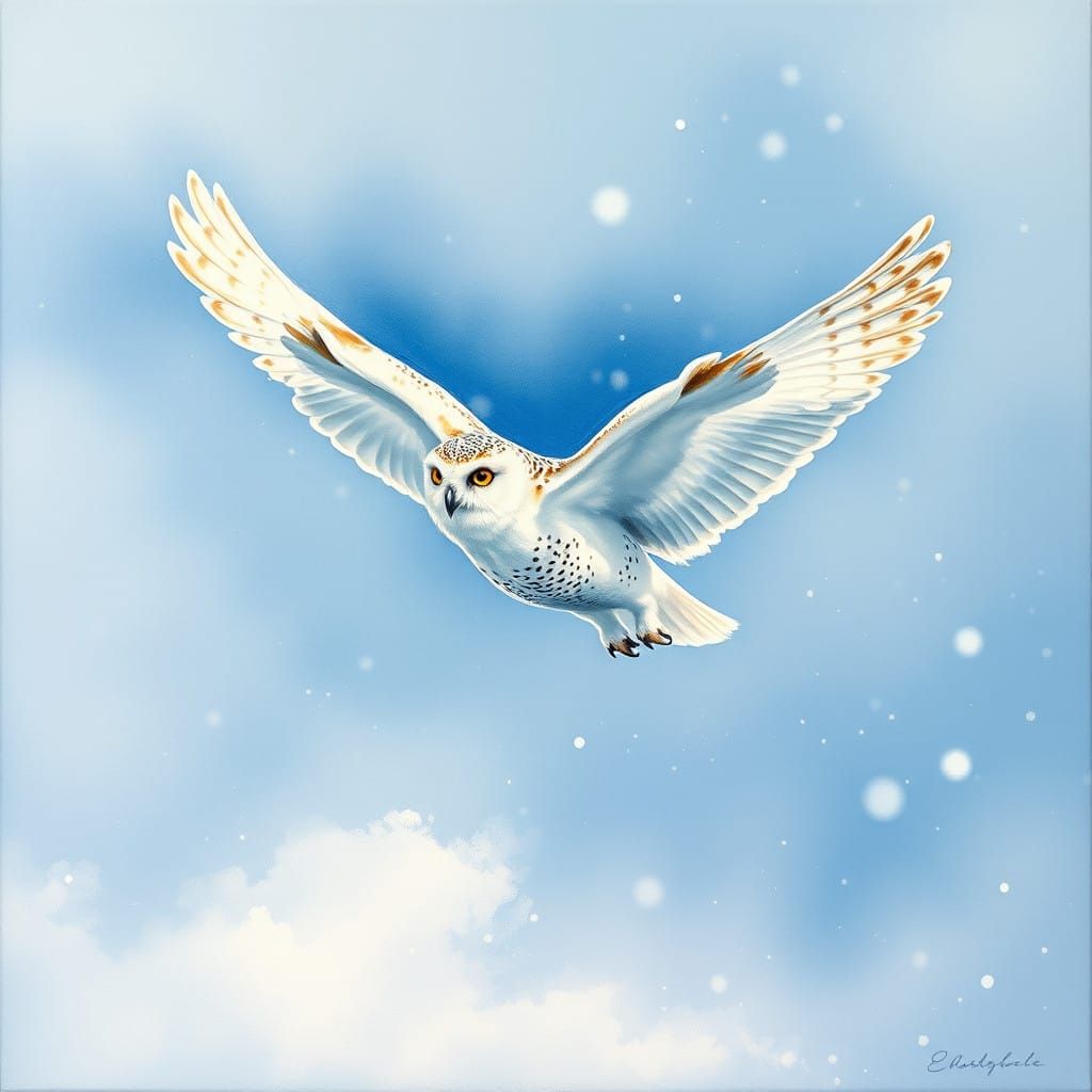 Snowy Owl Soars Through Epic Winter Sky in Gouache Style