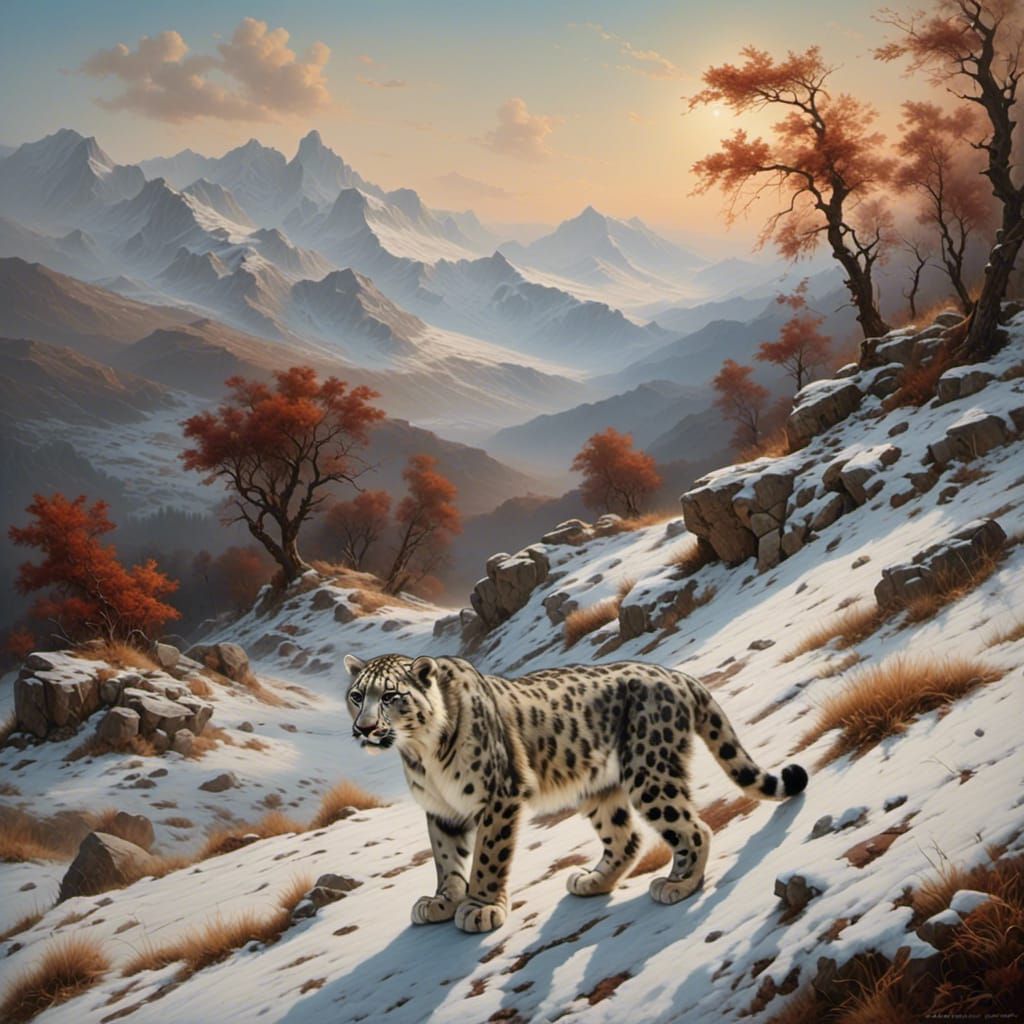 Snow Leopard in Snowy Mountains, Oil Painting