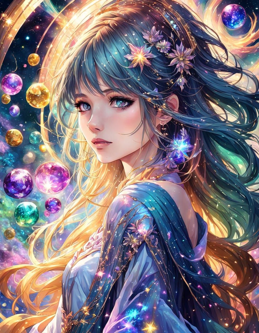 Anime Woman with Gemstones and Stardust Textures