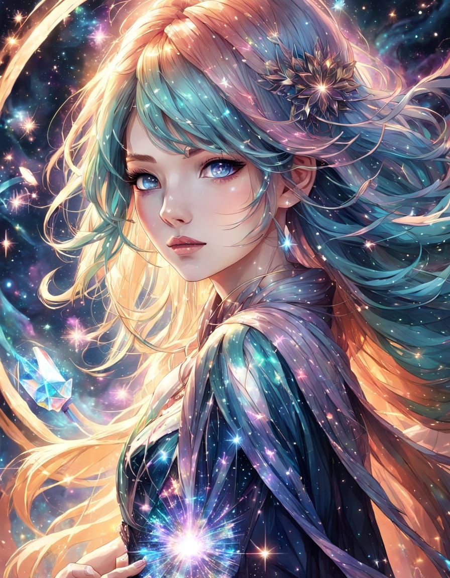 Stardust Woman in Gemstone Dress: Fantasy Anime Art