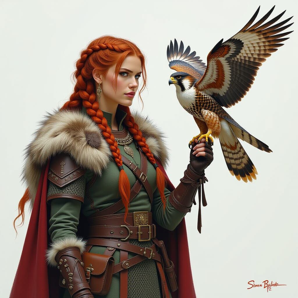 Viking Woman with Falcon in Dynamic Realism Style