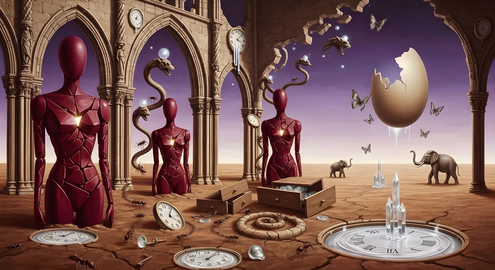 Surreal Desert Cathedral with Melting Clocks and Gargoyles