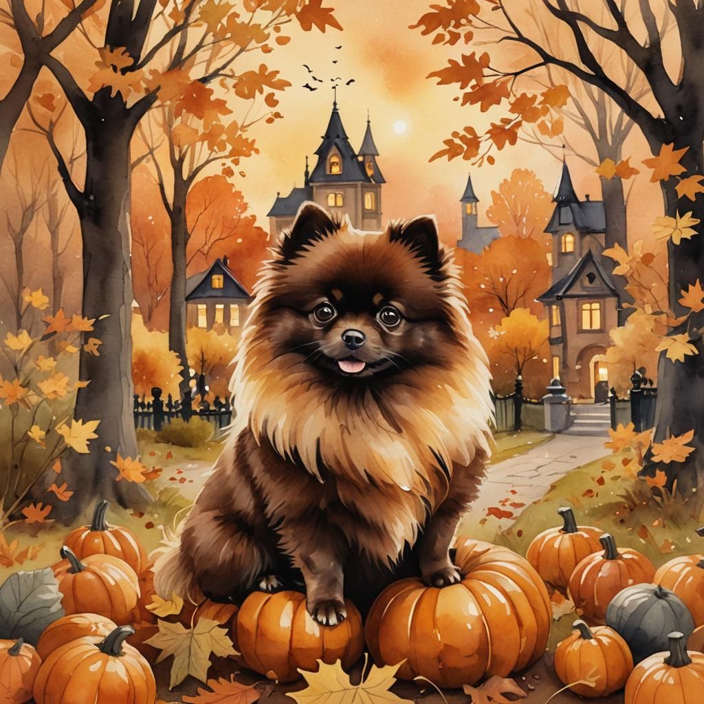 Pomeranian in Pumpkin: Whimsical Watercolor Autumn Illustrat...